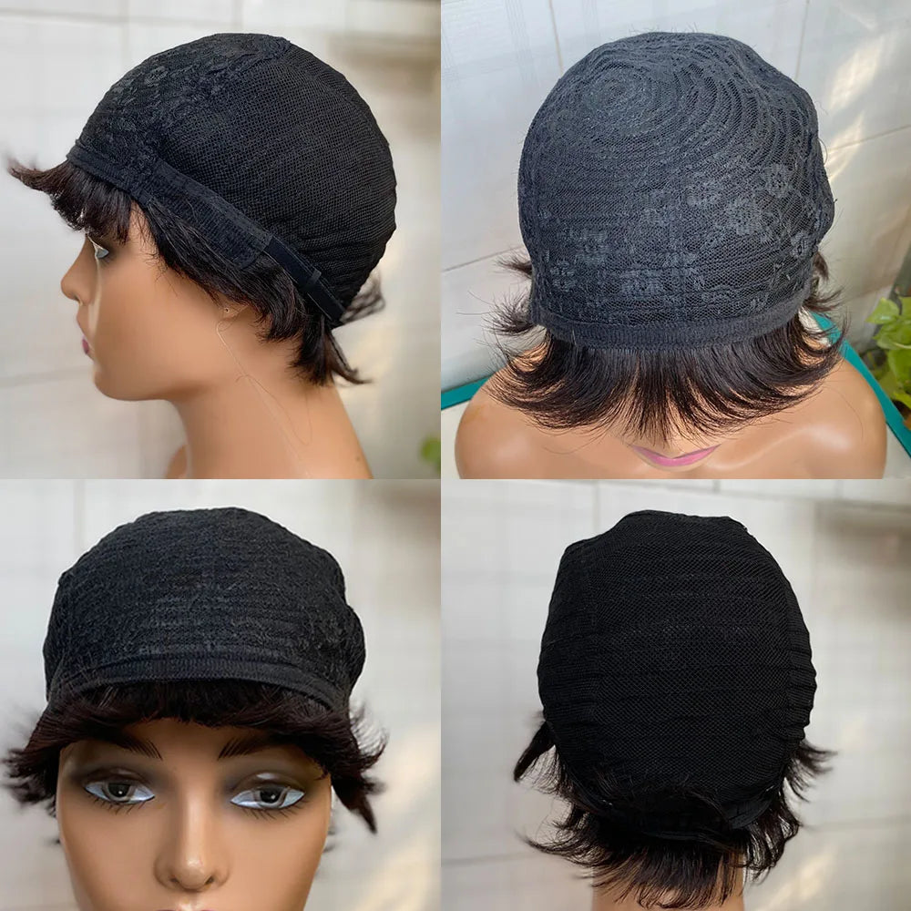 Short Straight Human Hair Wigs Natural Color Brazilian Remy Hair Pixie Cut Wig Cheap Human Hair Machine Wig For Black Women