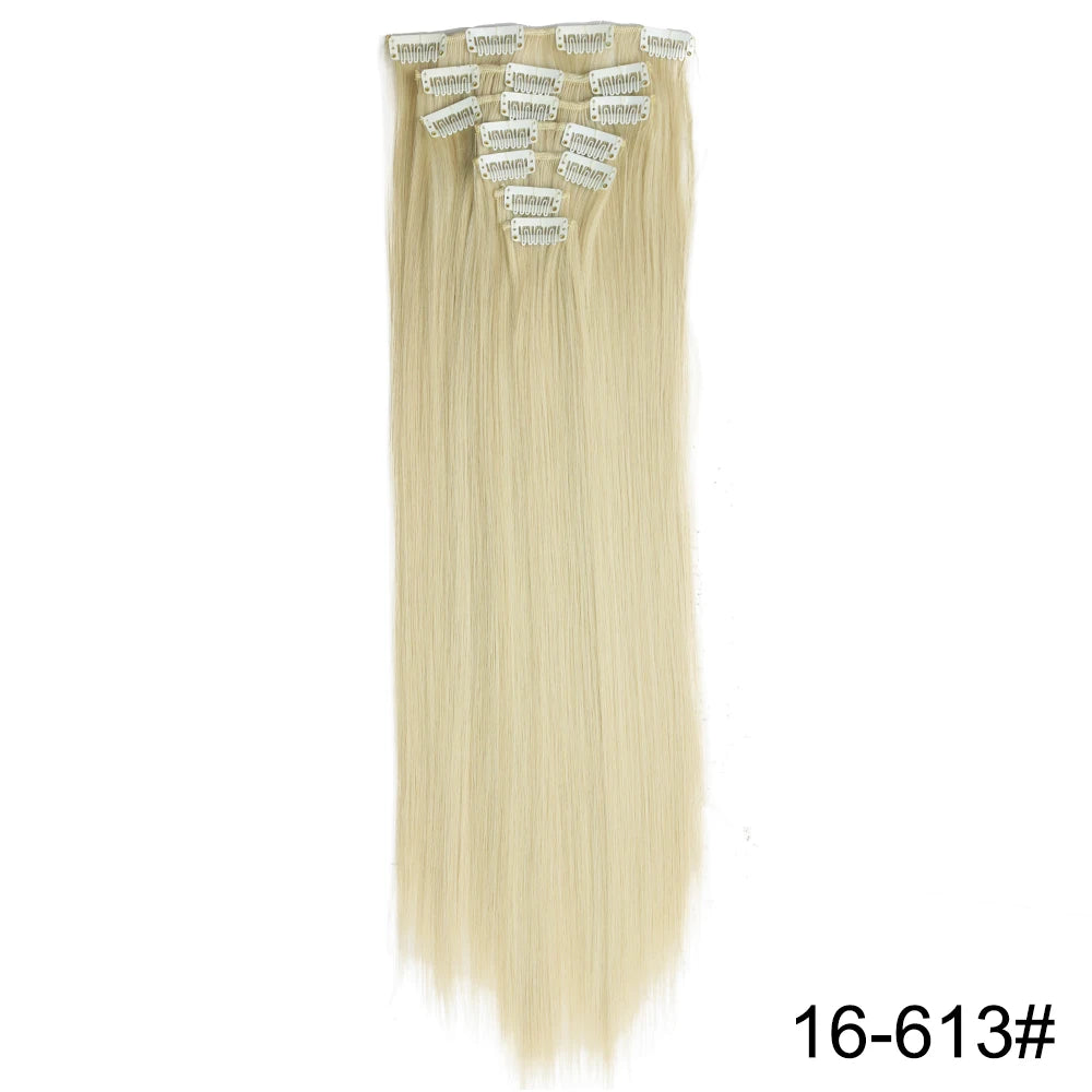 AZQUEEN Long Straight 16 Clip In Synthetic Hair Extensions 7Pcs/Set Natural Blonde Heat Resistant Hairpieces For Women