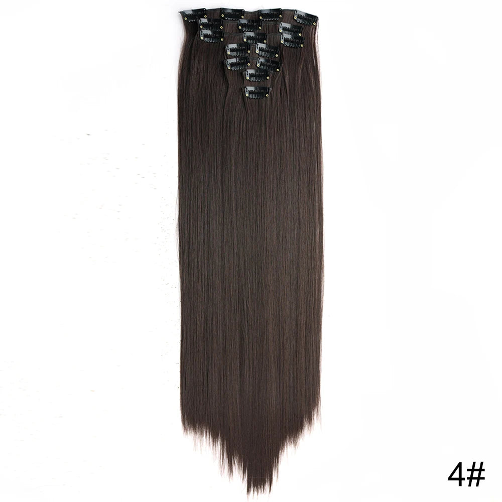 AZQUEEN Long Straight 16 Clip In Synthetic Hair Extensions 7Pcs/Set Natural Blonde Heat Resistant Hairpieces For Women