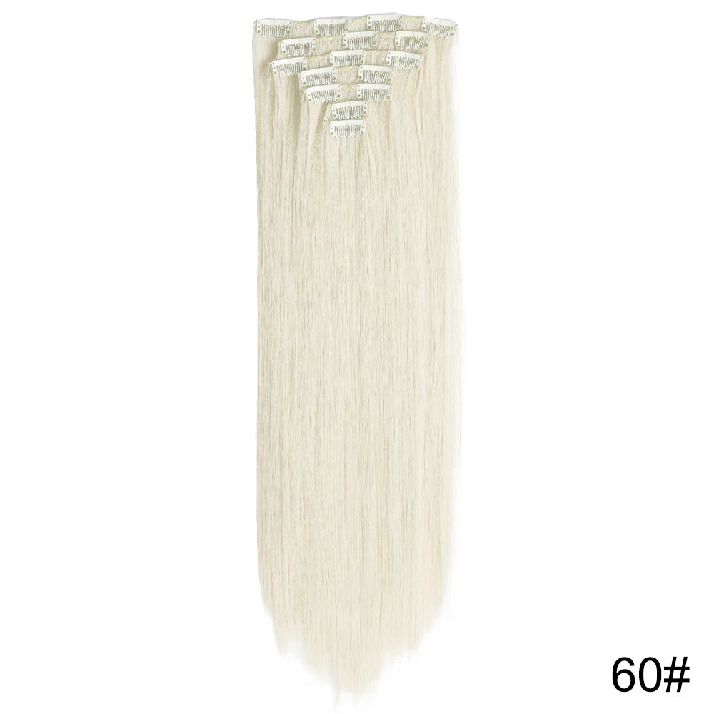 AZQUEEN Long Straight 16 Clip In Synthetic Hair Extensions 7Pcs/Set Natural Blonde Heat Resistant Hairpieces For Women