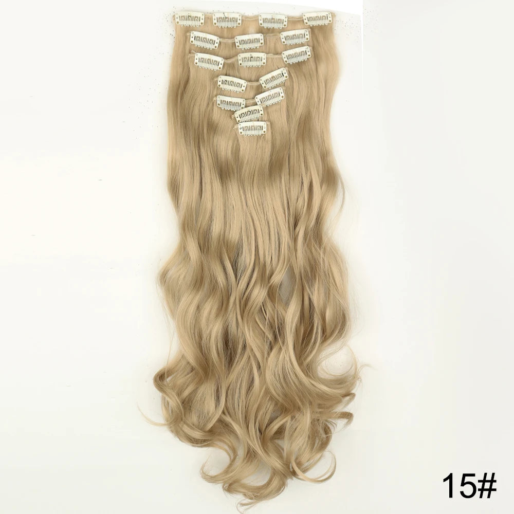 AZQUEEN Long Straight 16 Clip In Synthetic Hair Extensions 7Pcs/Set Natural Blonde Heat Resistant Hairpieces For Women