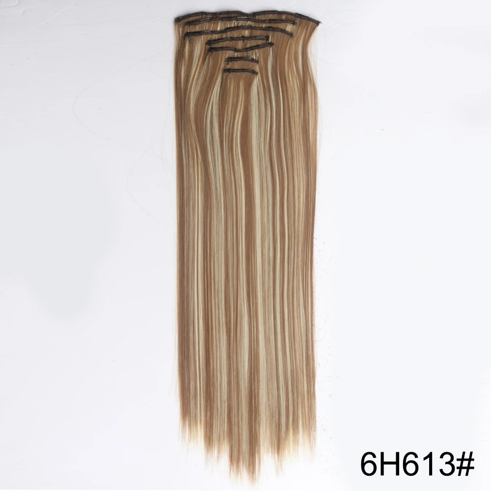 AZQUEEN Long Straight 16 Clip In Synthetic Hair Extensions 7Pcs/Set Natural Blonde Heat Resistant Hairpieces For Women