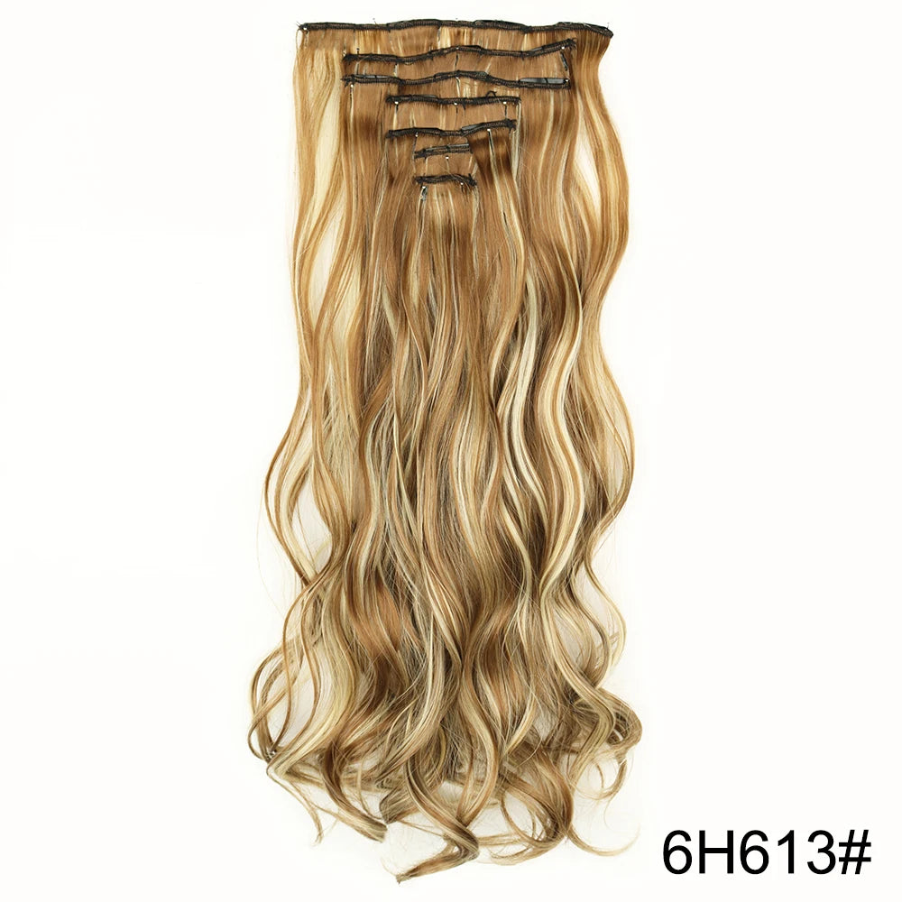 AZQUEEN Long Straight 16 Clip In Synthetic Hair Extensions 7Pcs/Set Natural Blonde Heat Resistant Hairpieces For Women