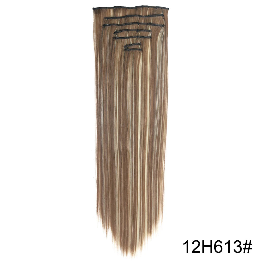 AZQUEEN Long Straight 16 Clip In Synthetic Hair Extensions 7Pcs/Set Natural Blonde Heat Resistant Hairpieces For Women