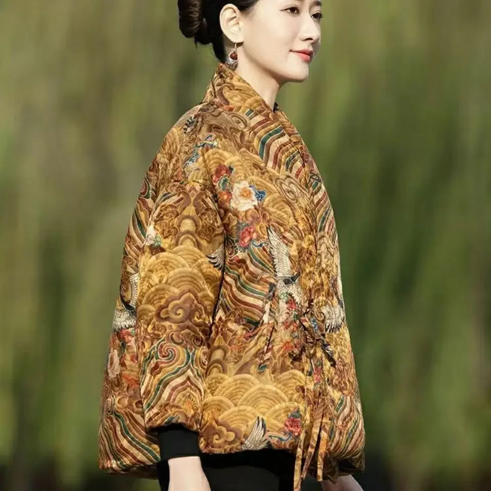 Crane Print Chinese Tangsuit Coat Women Parkas Warm Winter Hanfu Top Irregular Collar Elegant Cloak Ethnic Padded Cheongsam Tops