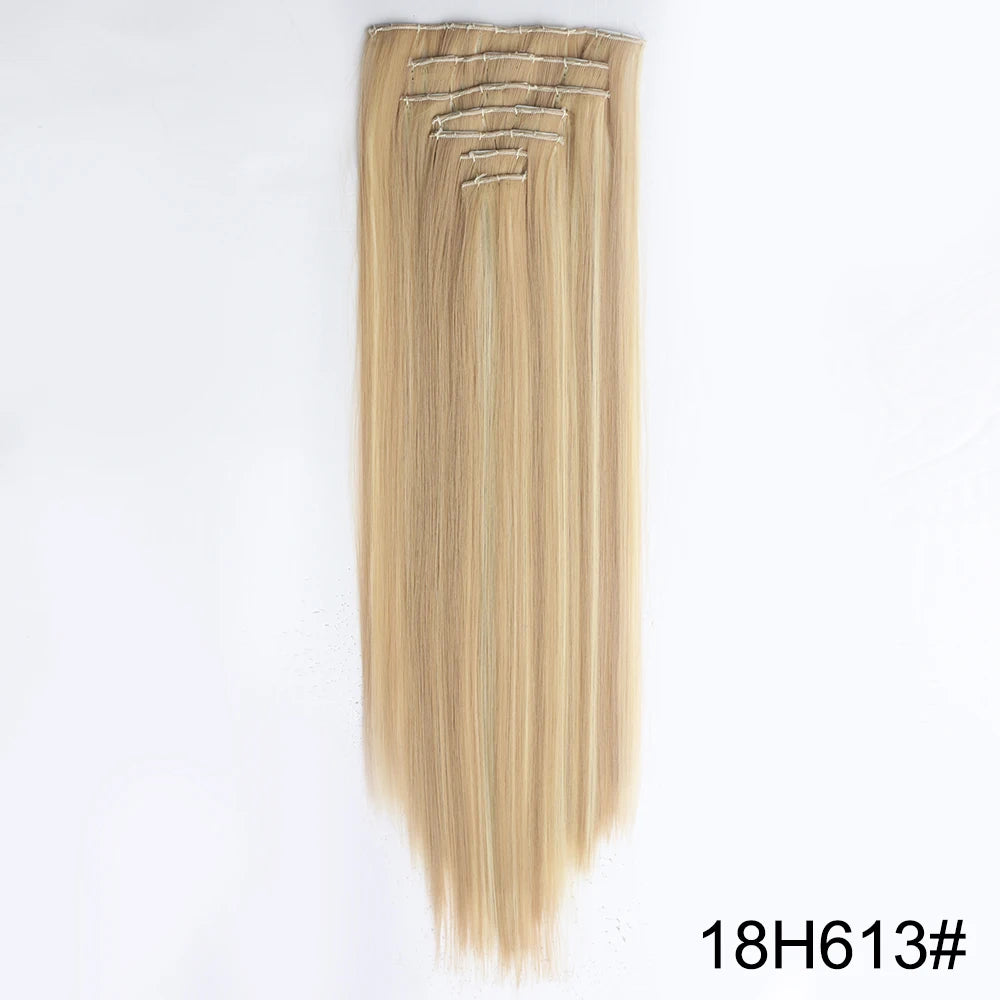 AZQUEEN Long Straight 16 Clip In Synthetic Hair Extensions 7Pcs/Set Natural Blonde Heat Resistant Hairpieces For Women