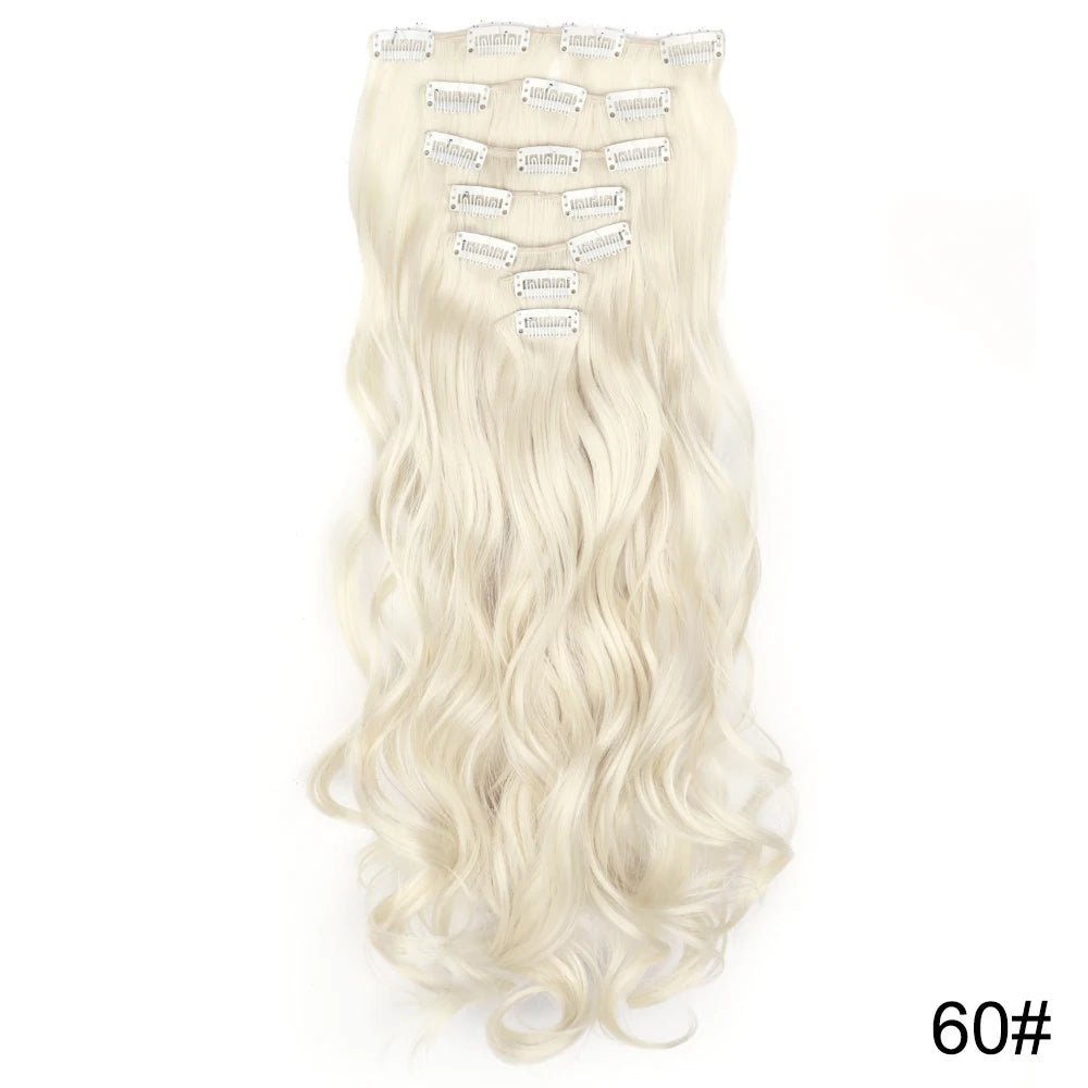 AZQUEEN Long Straight 16 Clip In Synthetic Hair Extensions 7Pcs/Set Natural Blonde Heat Resistant Hairpieces For Women