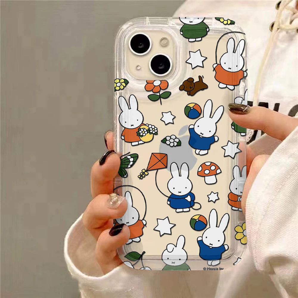 Kawaii Little White Rabbit Case for IPhone 16 15 14 13 12 11 Pro Max 14 15 7 8 Plus XR XS Max SEM-MiffysClear Airbag Shockproof