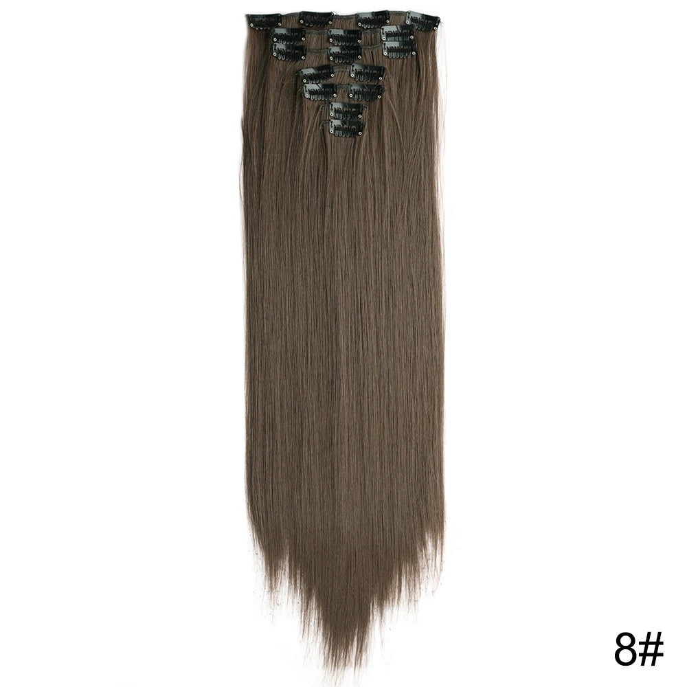 AZQUEEN Long Straight 16 Clip In Synthetic Hair Extensions 7Pcs/Set Natural Blonde Heat Resistant Hairpieces For Women