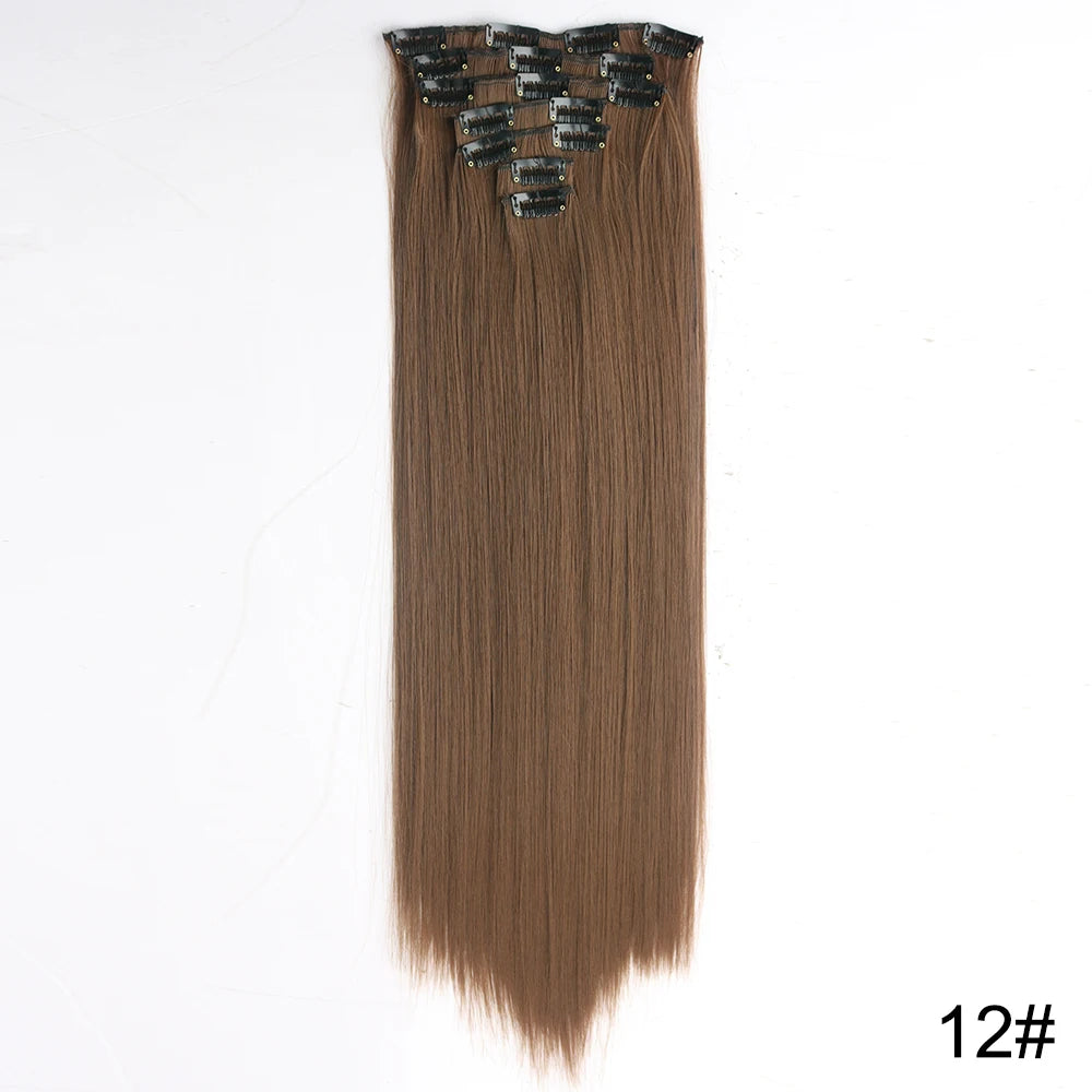 AZQUEEN Long Straight 16 Clip In Synthetic Hair Extensions 7Pcs/Set Natural Blonde Heat Resistant Hairpieces For Women