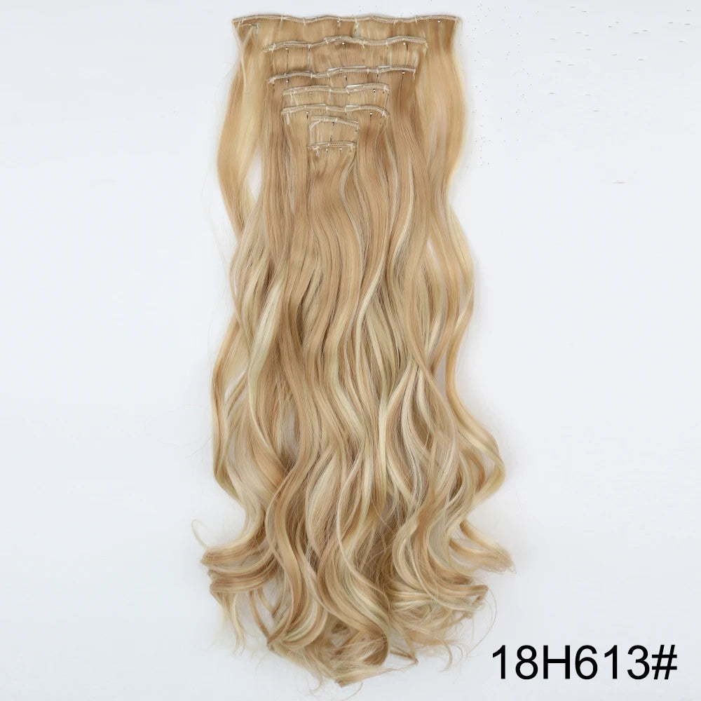 AZQUEEN Long Straight 16 Clip In Synthetic Hair Extensions 7Pcs/Set Natural Blonde Heat Resistant Hairpieces For Women