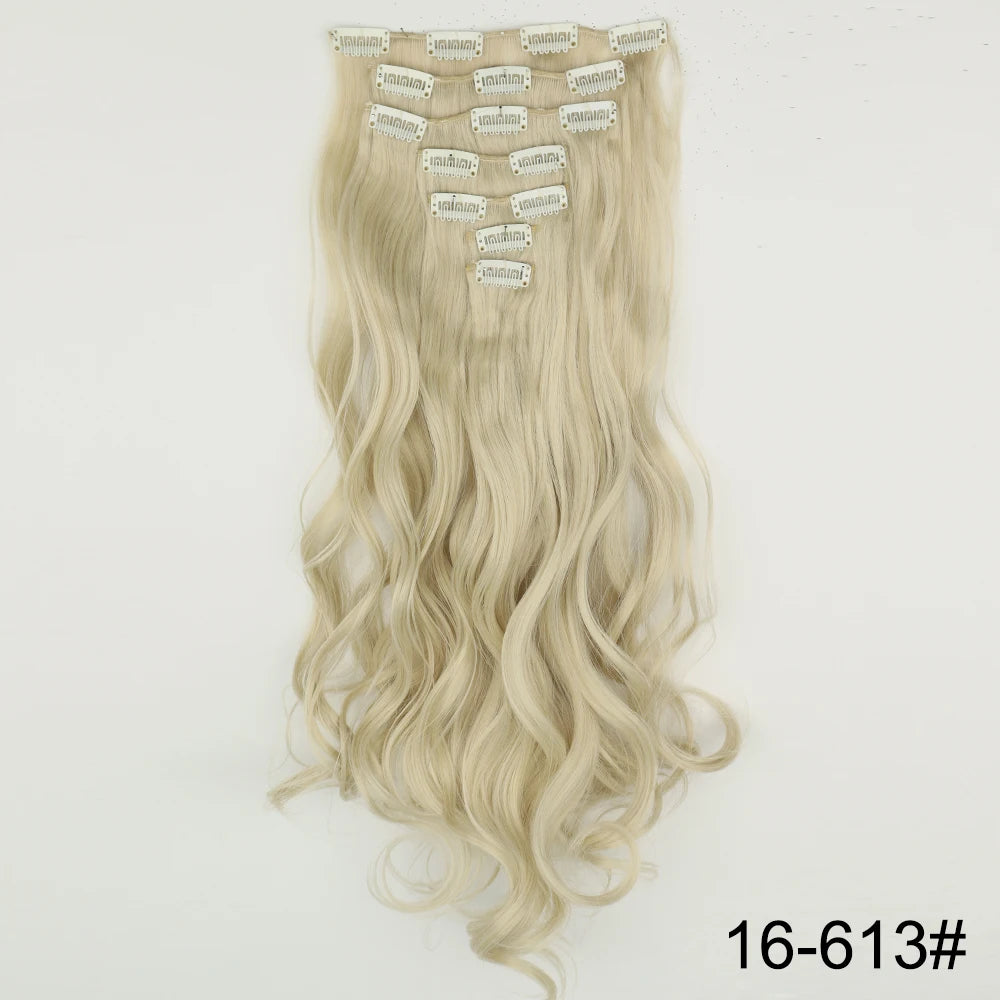 AZQUEEN Long Straight 16 Clip In Synthetic Hair Extensions 7Pcs/Set Natural Blonde Heat Resistant Hairpieces For Women