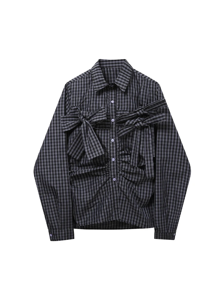 Women's Plaid Shirts and Blouses Y2k Vintage 90s Aesthetic Harajuku 2000s Elegant Long Sleeve Bow Shirt Top Clothes 2024 Summer