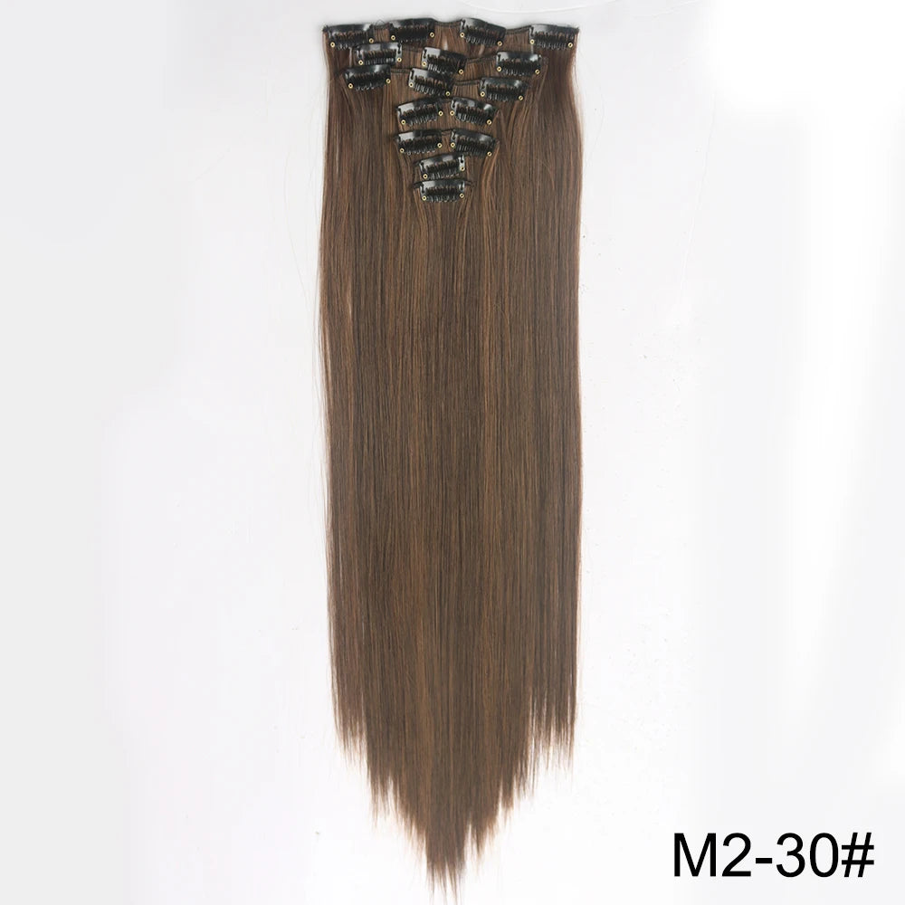 AZQUEEN Long Straight 16 Clip In Synthetic Hair Extensions 7Pcs/Set Natural Blonde Heat Resistant Hairpieces For Women