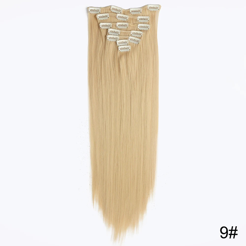 AZQUEEN Long Straight 16 Clip In Synthetic Hair Extensions 7Pcs/Set Natural Blonde Heat Resistant Hairpieces For Women