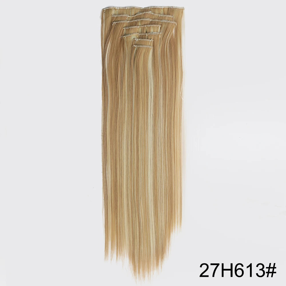 AZQUEEN Long Straight 16 Clip In Synthetic Hair Extensions 7Pcs/Set Natural Blonde Heat Resistant Hairpieces For Women