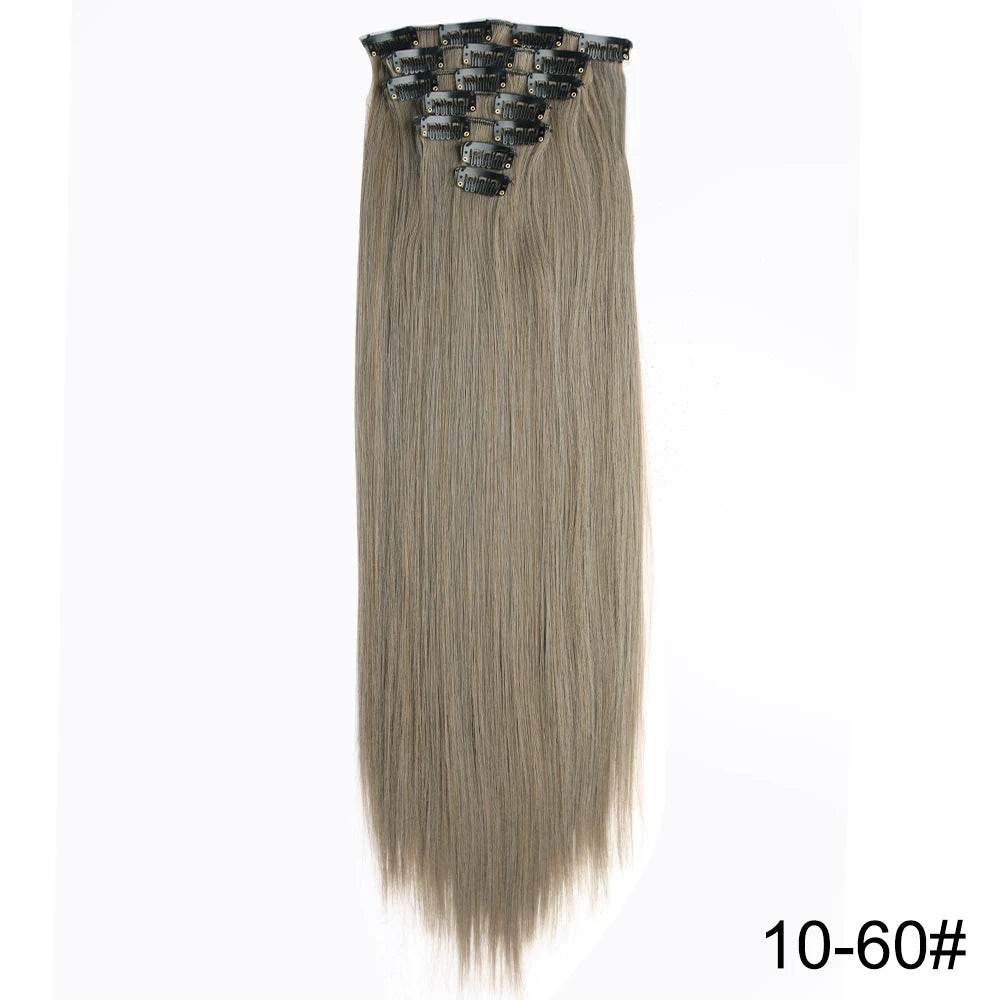 AZQUEEN Long Straight 16 Clip In Synthetic Hair Extensions 7Pcs/Set Natural Blonde Heat Resistant Hairpieces For Women