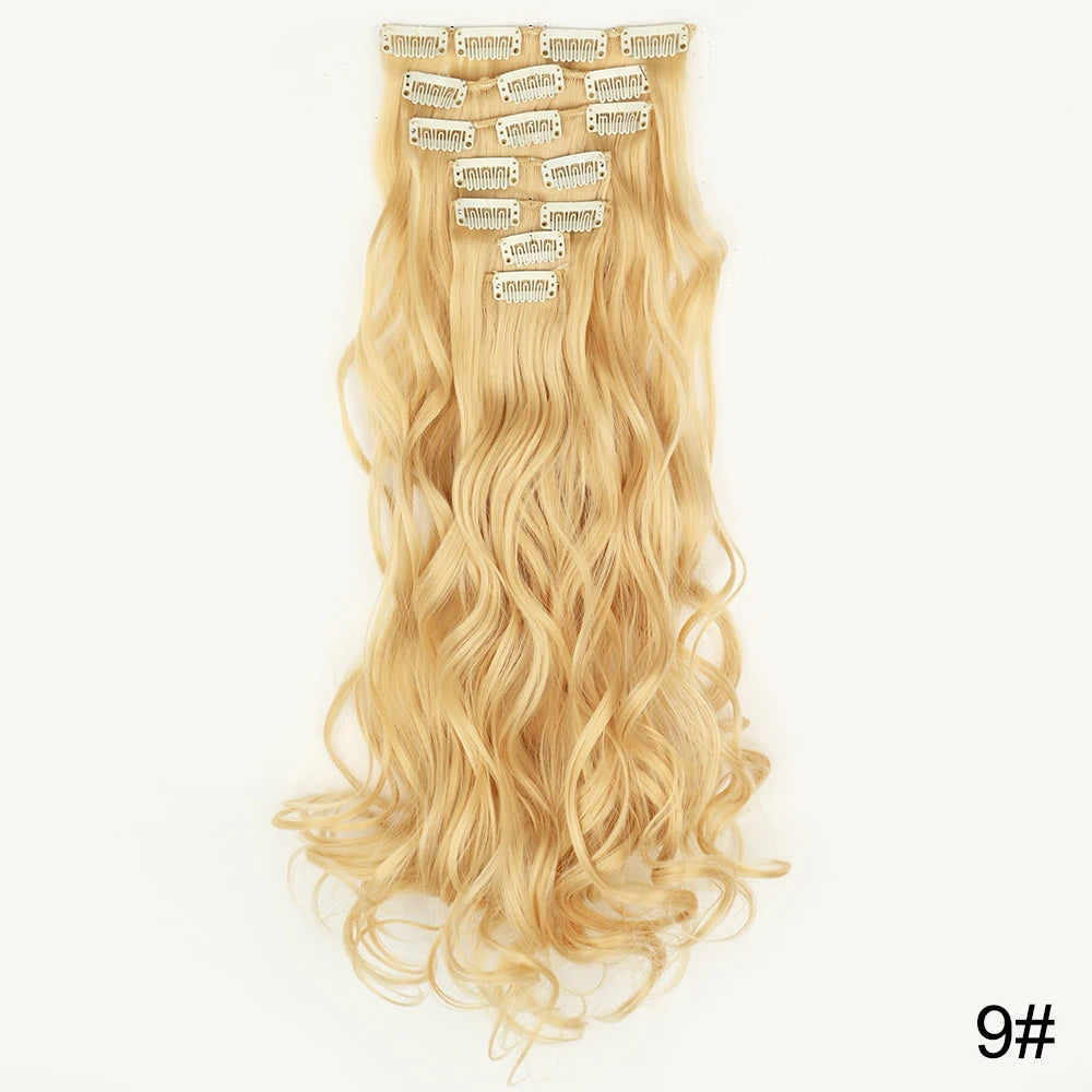 AZQUEEN Long Straight 16 Clip In Synthetic Hair Extensions 7Pcs/Set Natural Blonde Heat Resistant Hairpieces For Women