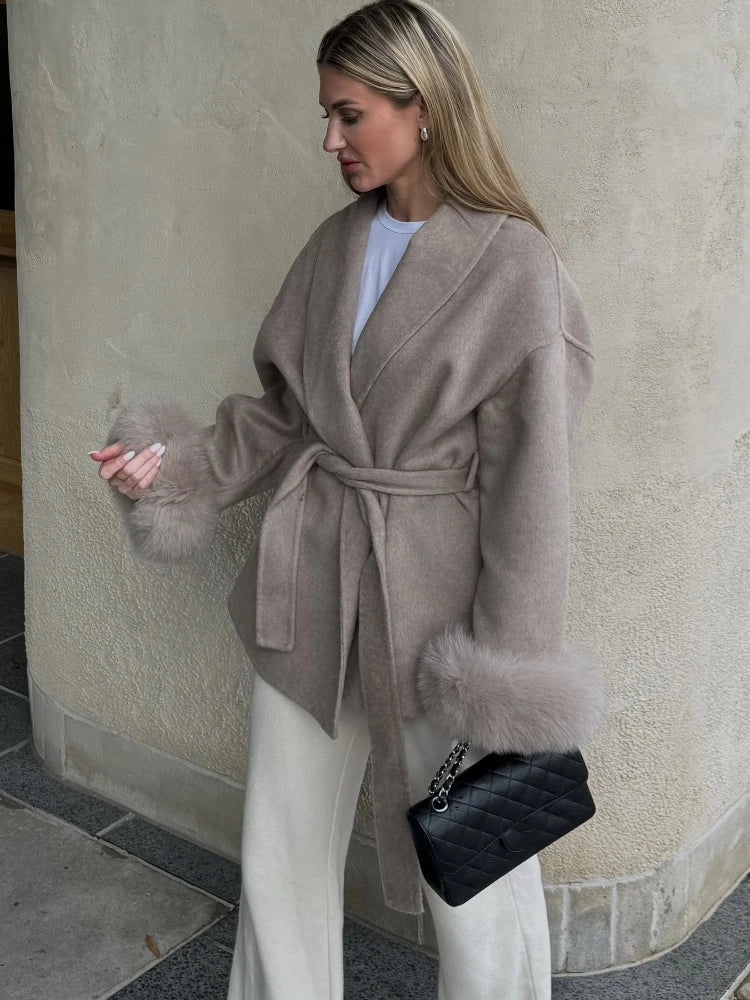 Fur Patchwork Woolen Short Coat Fashion Solid Lace Up Lapel Furry Belt Long Sleeve Loose Jacket  2025 New Autumn Winter Cardigan