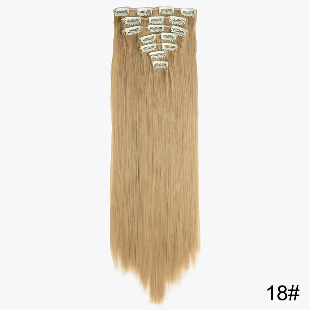 AZQUEEN Long Straight 16 Clip In Synthetic Hair Extensions 7Pcs/Set Natural Blonde Heat Resistant Hairpieces For Women