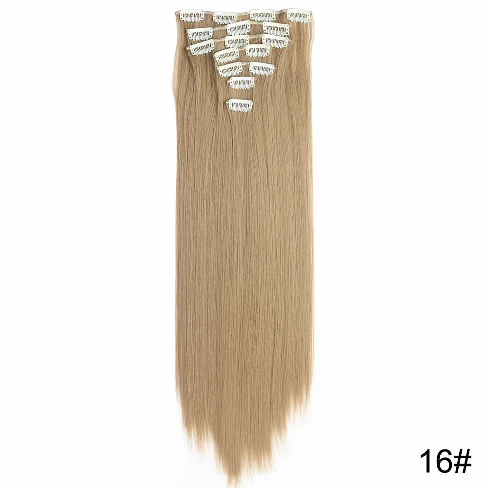 AZQUEEN Long Straight 16 Clip In Synthetic Hair Extensions 7Pcs/Set Natural Blonde Heat Resistant Hairpieces For Women