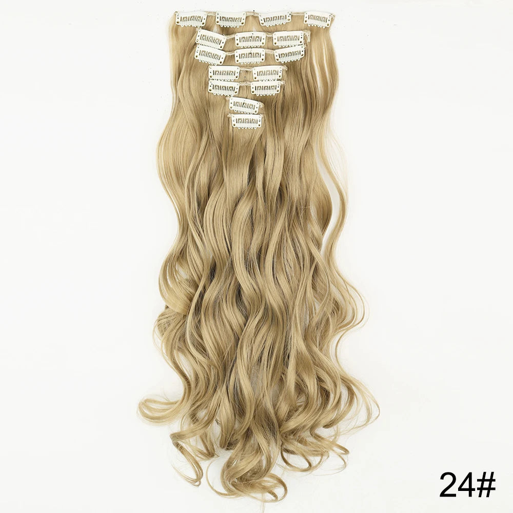 AZQUEEN Long Straight 16 Clip In Synthetic Hair Extensions 7Pcs/Set Natural Blonde Heat Resistant Hairpieces For Women