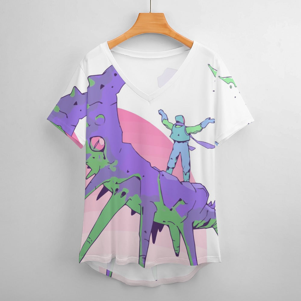 New V Neck Short-sleeve Women Shirt Printed